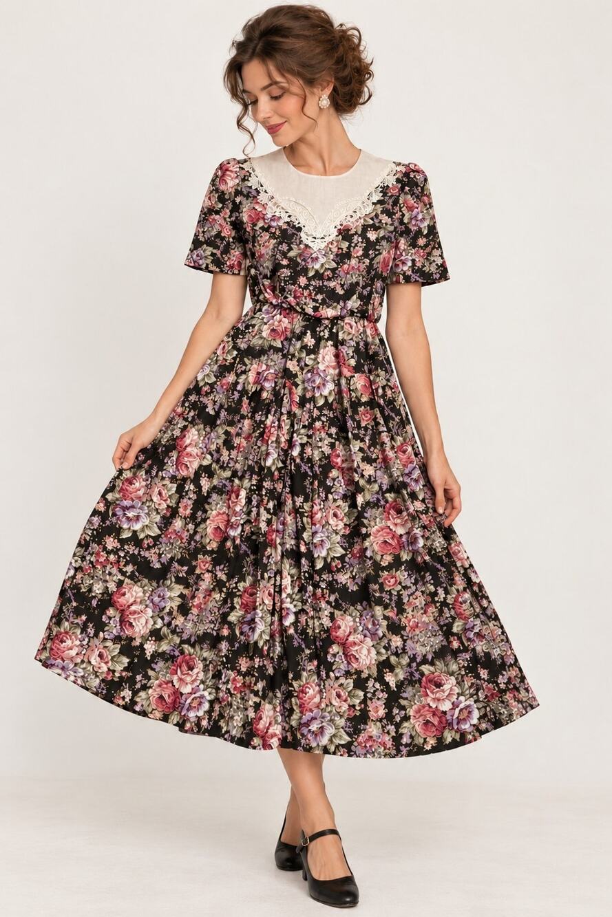 Vintage 90s Cottagecore Floral Midi Dress Size 14 Lace Collar Prairie Romantic